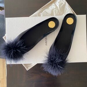 Saint Laurent Black Feather Pom Pom Slide Mules